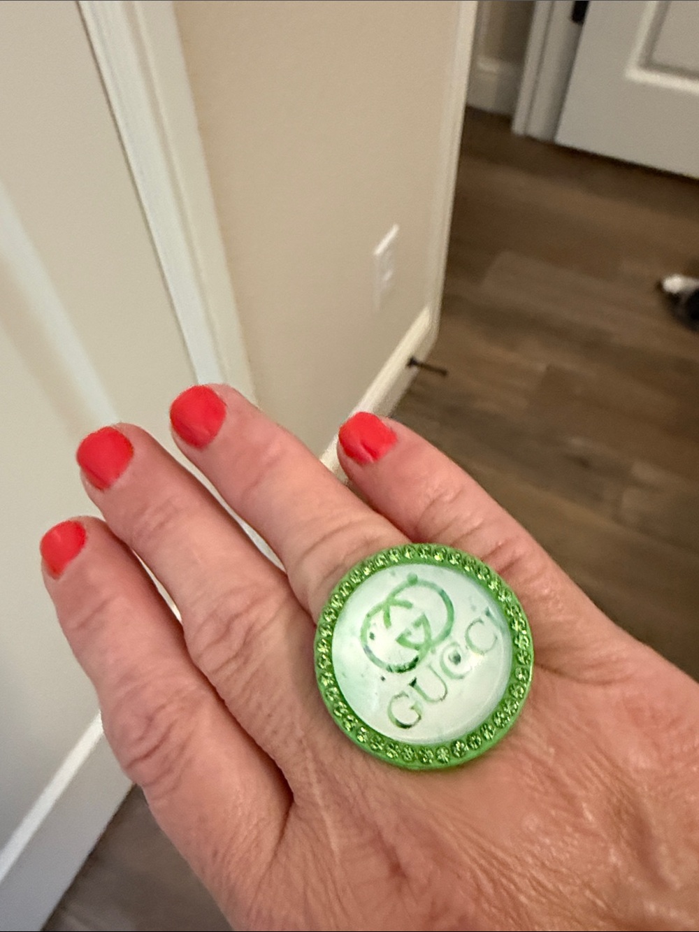 “Gucci Logo” Green and White Crystal Logo Ring- Adjustable and custom made
